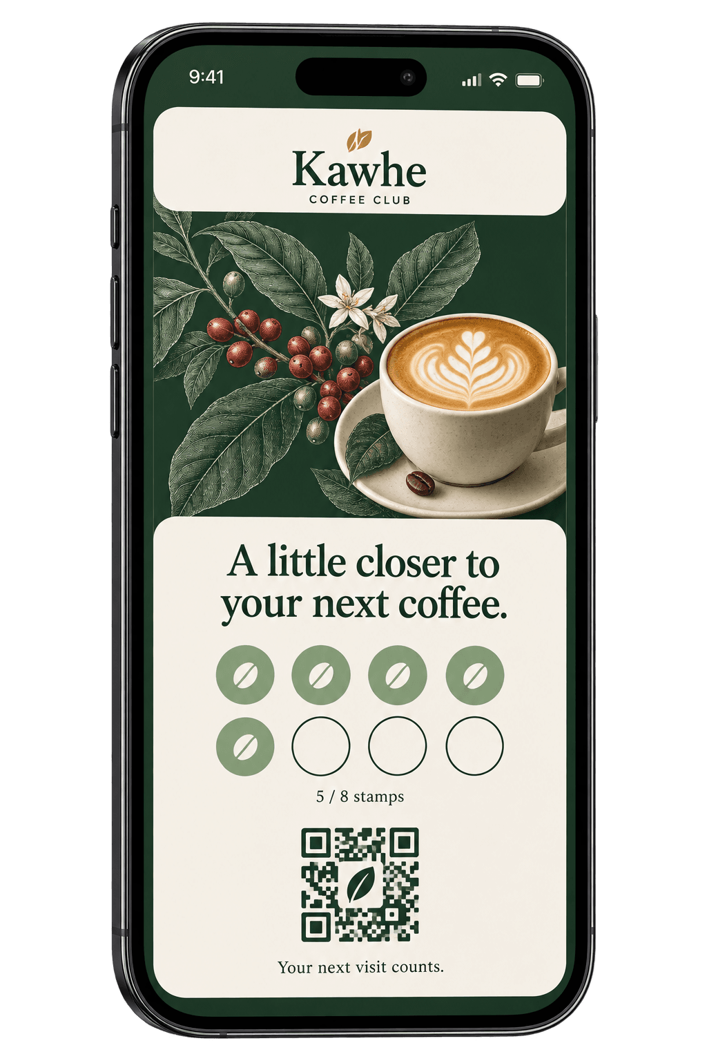 Example Kawhe coffee loyalty card with five of eight stamps