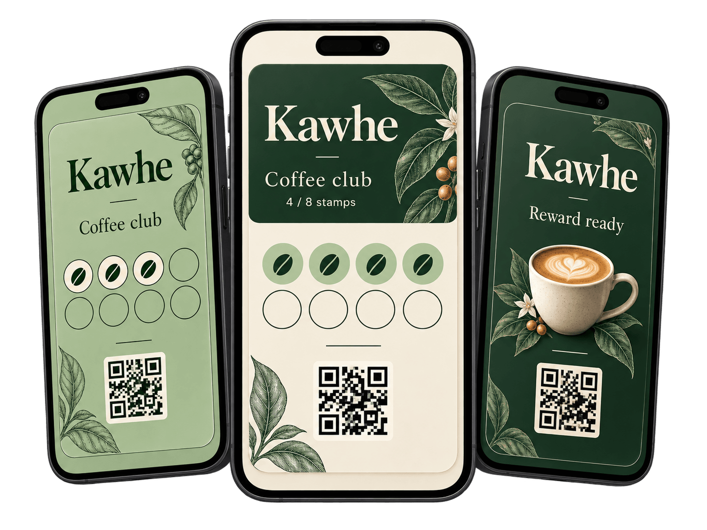 Illustrative Kawhe cards showing stamp progress and an available coffee reward
